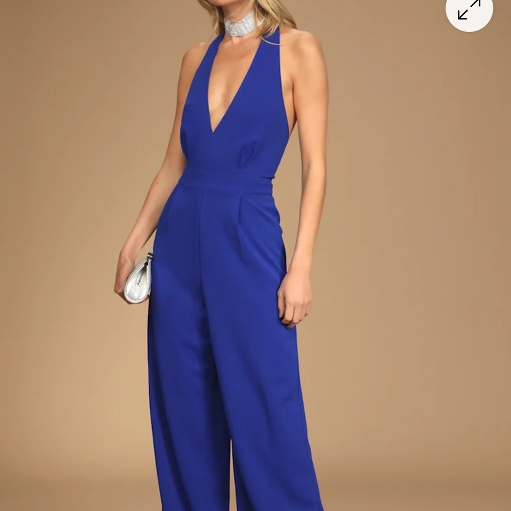 Lulu's Royal Blue Halter Wide-Leg Jumpsuit